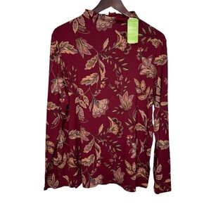 Reitman's Mock Neck Burgundy Leaf Print Size XXL NWT